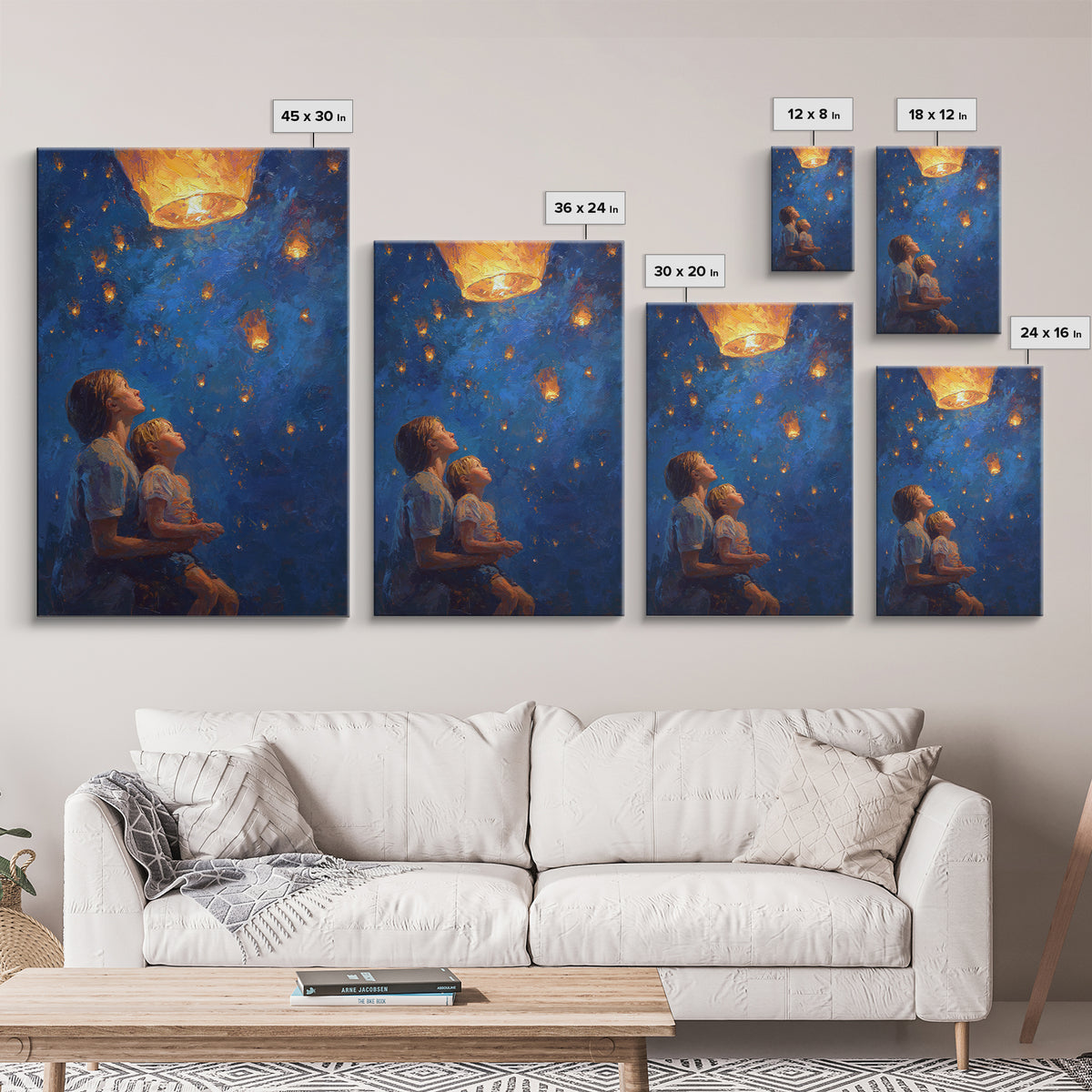 Mother And Child Under Glowing Lantern Framed Canvas Print, Blue Night Sky Wall Art, Celestial Family Bedroom Decor Gift