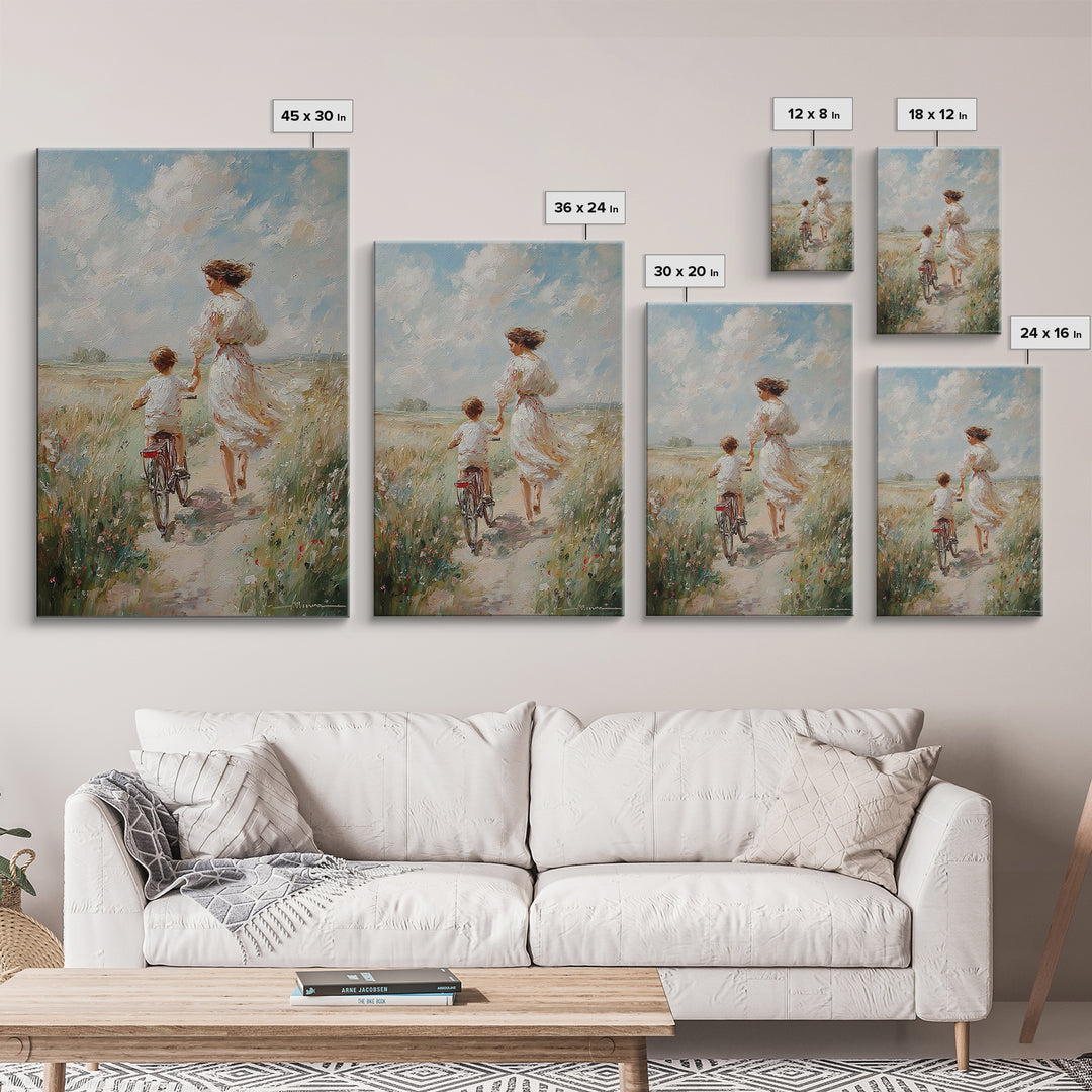 Mother In White Dress Walking With Child On Bicycle Canvas Print, Coastal Meadow Wall Art, Impressionist Family Home Decor