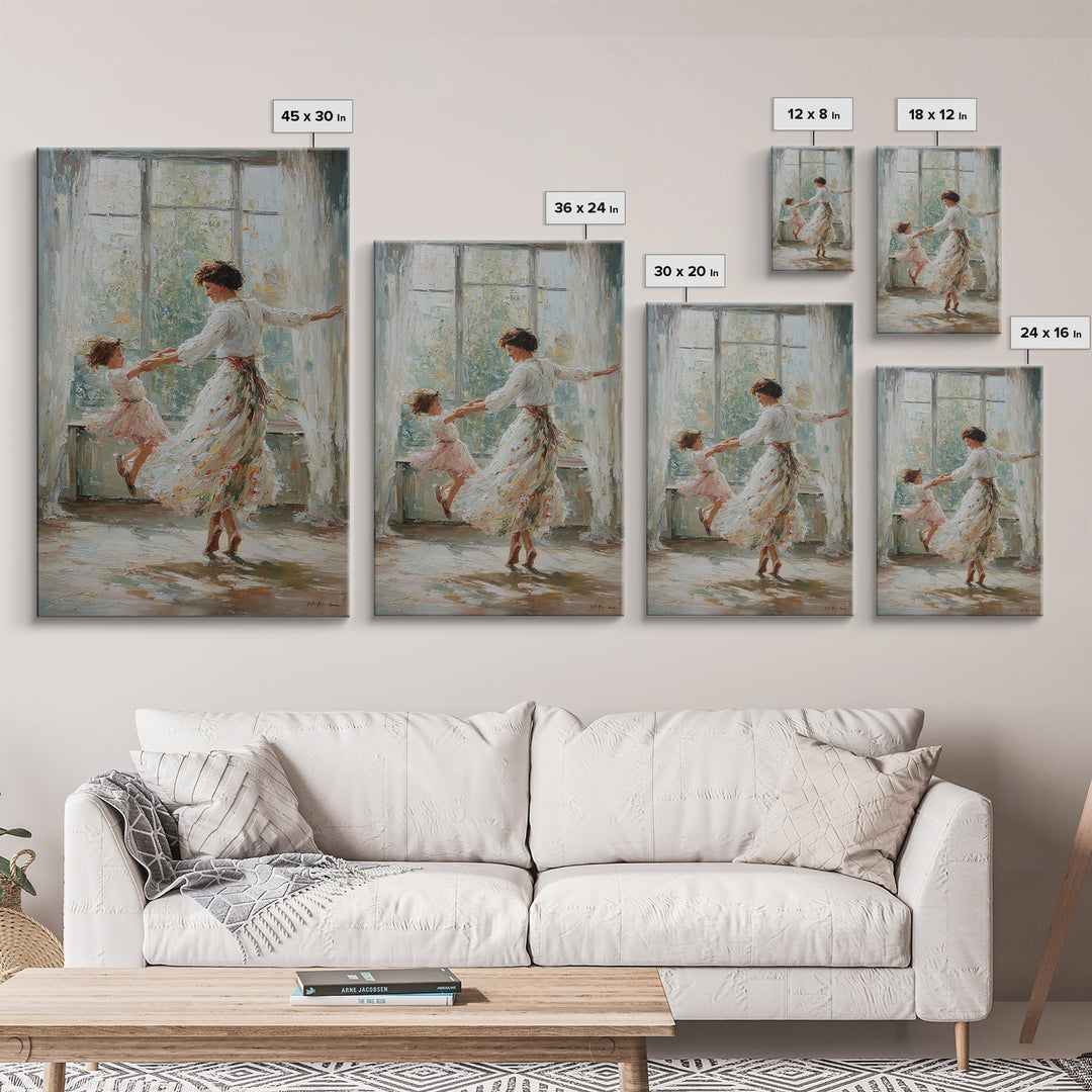 Mother And Daughter Dancing In Bright Sunlit Window Canvas Print, Impressionist Wall Art, Feminine Bedroom Decor, Gift For Mom