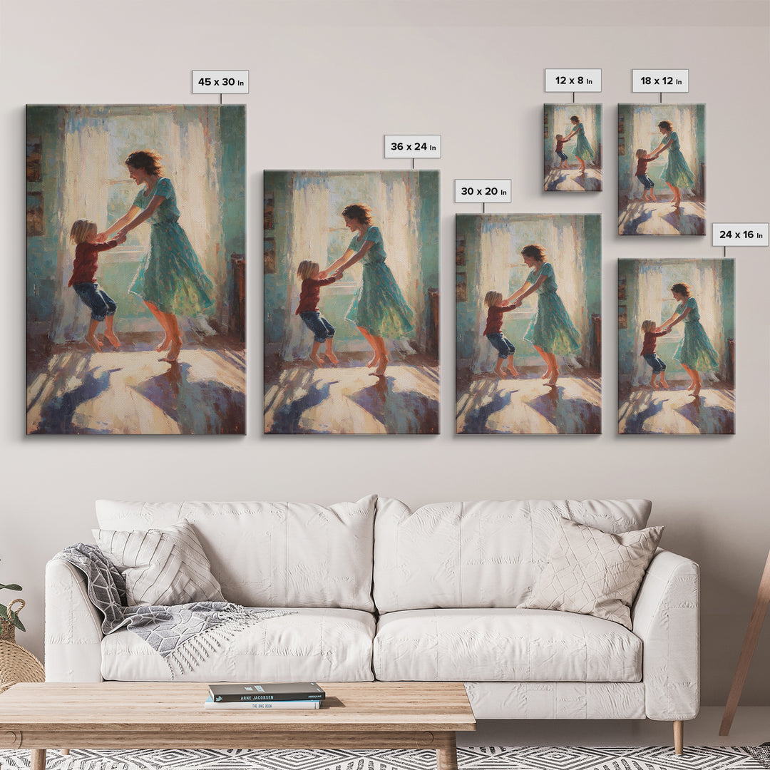 Mother And Child Dancing In Teal Dress Sunlight Canvas Print, Warm Impressionist Family Wall Art, Cozy Bedroom Decor, Gift For Her