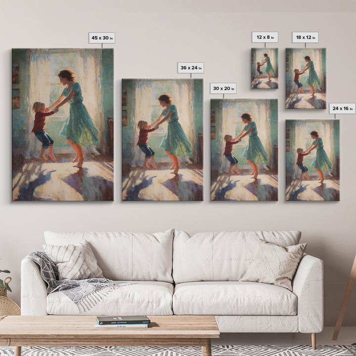 Mother And Child Dancing In Teal Dress Sunlight Canvas Print, Warm Impressionist Family Wall Art, Cozy Bedroom Decor, Gift For Her