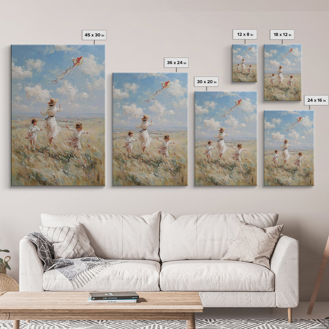 Mother And Children Flying Red Kite In Coastal Meadow Canvas Print, Whimsical Family Wall Art, Beach House Decor Gift For Her