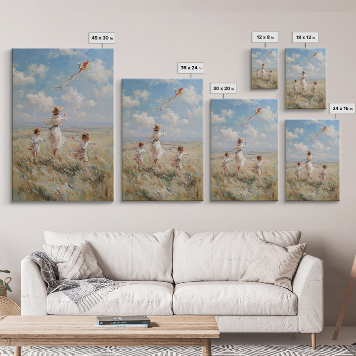 Mother And Children Flying Red Kite In Coastal Meadow Canvas Print, Whimsical Family Wall Art, Beach House Decor Gift For Her