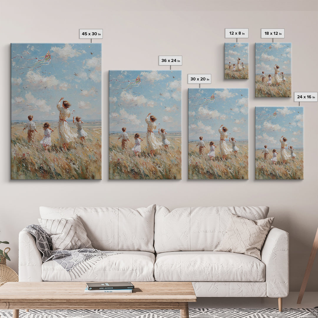 Mother And Children Flying Kite By Sea Canvas Print, Coastal Wall Art, Beach House Decor, Family Gift, Living Room Decor