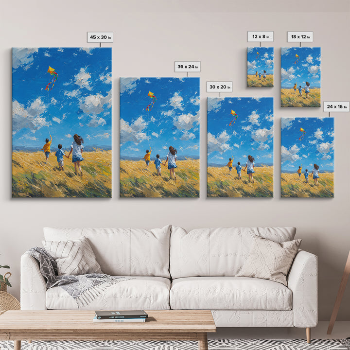 Children Chasing Bright Kite In Golden Field Framed Canvas Print, Colorful Wall Art, Summer Landscape, Kids Room Decor Gift