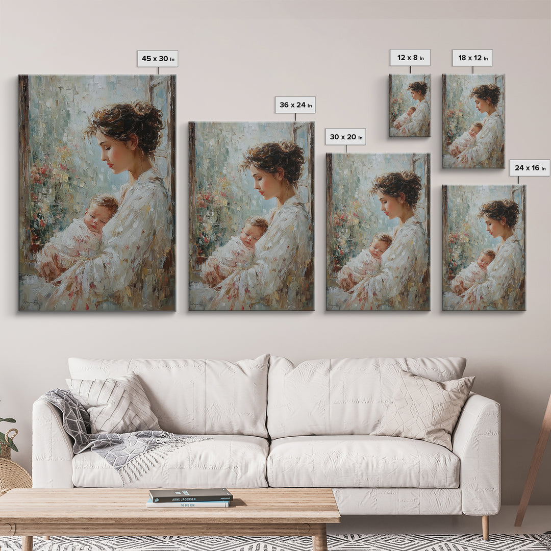 Mother Holding Sleeping Baby By Rainy Window Canvas Print, Feminine Wall Art, Nursery Decor, Gift For Mom, Bedroom Decor