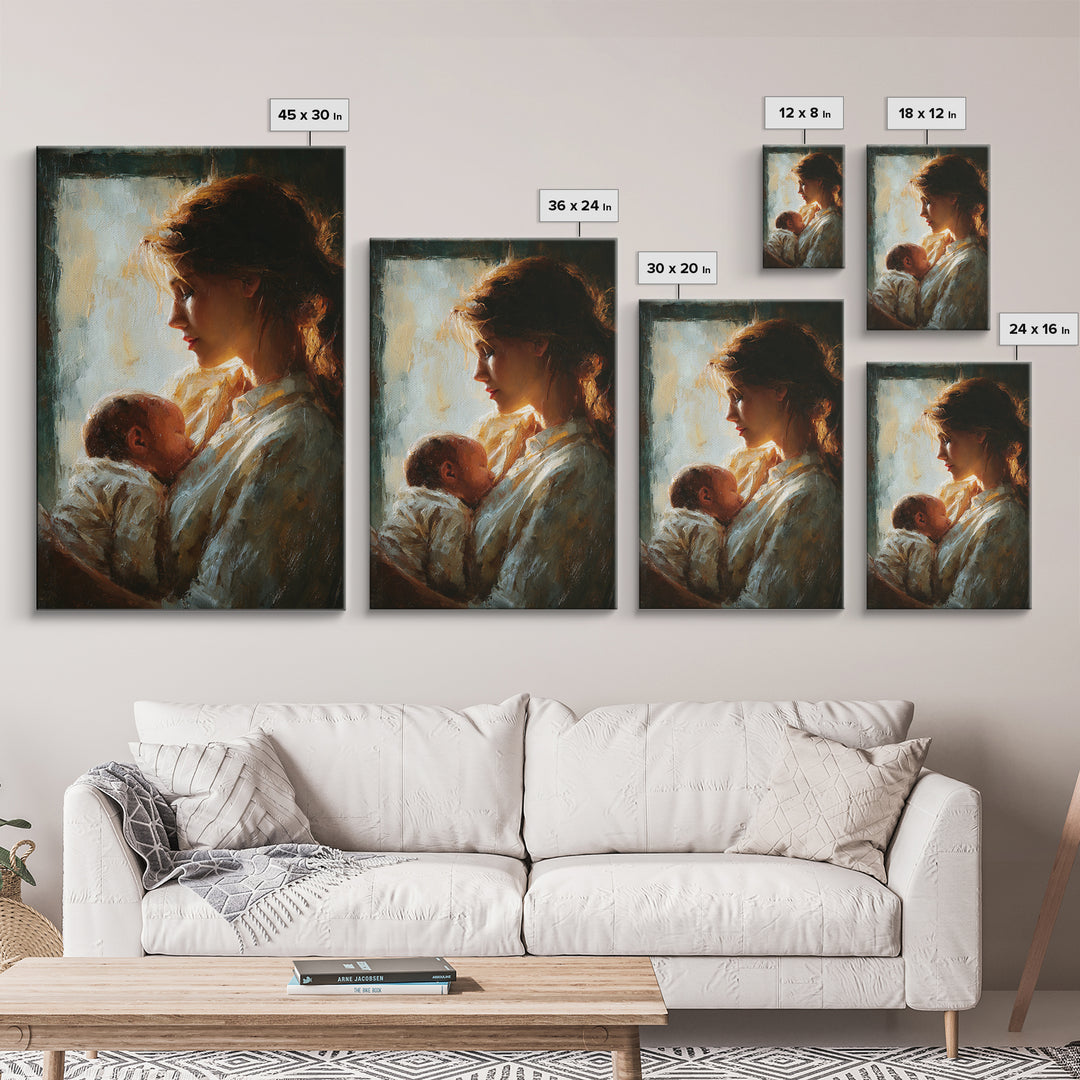 Backlit Mother Cradling Newborn By Window Framed Canvas Print, Romantic Wall Art, New Mom Gift, Moody Bedroom Decor Print