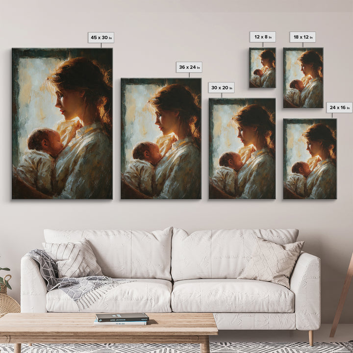 Backlit Mother Cradling Newborn By Window Framed Canvas Print, Romantic Wall Art, New Mom Gift, Moody Bedroom Decor Print