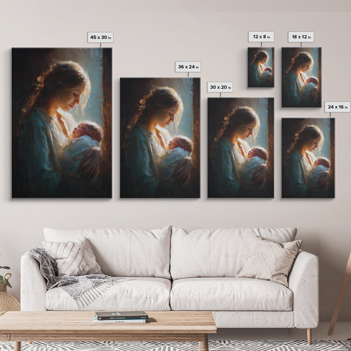 Radiant Mother Gazing At Newborn In Shadow Canvas Print, Moody Wall Art, Spiritual Gift, Nursery Decor, New Mom Gift Print