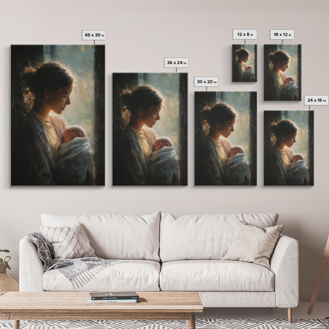 Soft Profile Mother With Sleeping Baby In Window Light Canvas Print, Moody Wall Art, New Mom Gift, Feminine Bedroom Decor