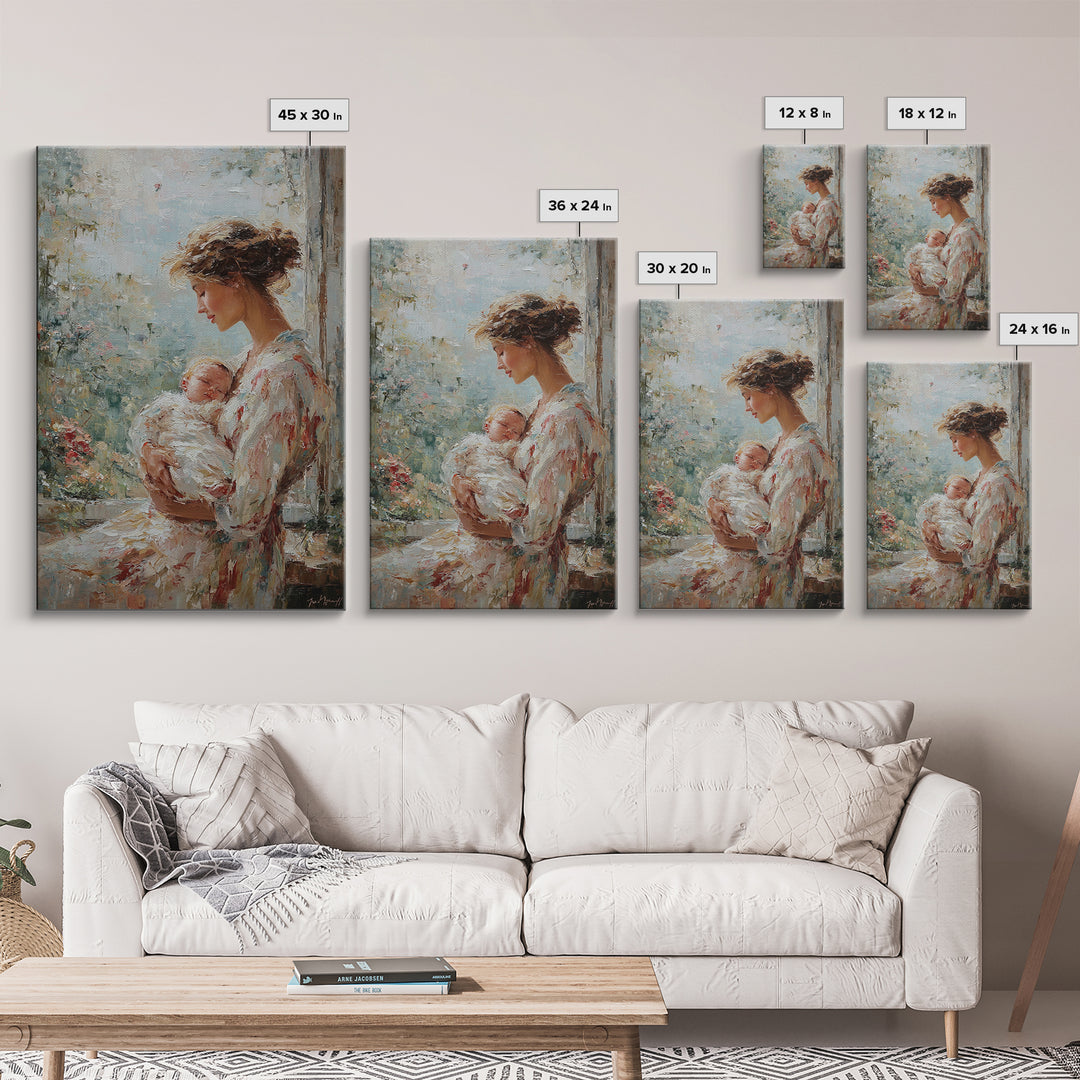 Mother Cradling Newborn Beside Blooming Window Framed Canvas Print, Feminine Wall Art, Nursery Decor, New Mom Gift, Bedroom Decor