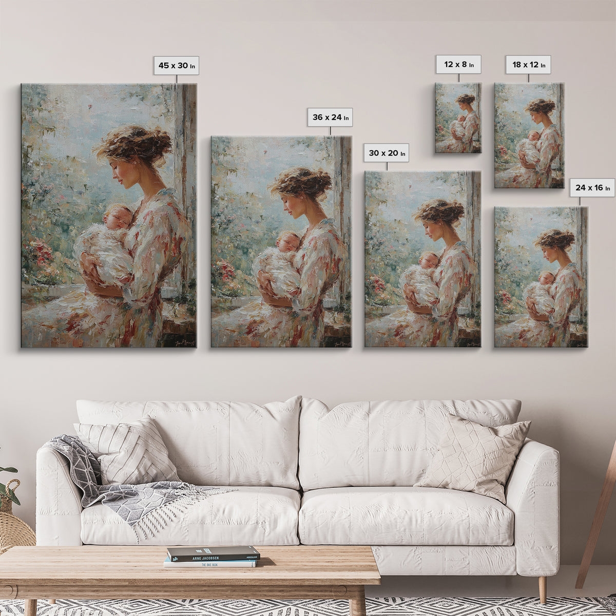 Mother Cradling Newborn Beside Blooming Window Framed Canvas Print, Feminine Wall Art, Nursery Decor, New Mom Gift, Bedroom Decor
