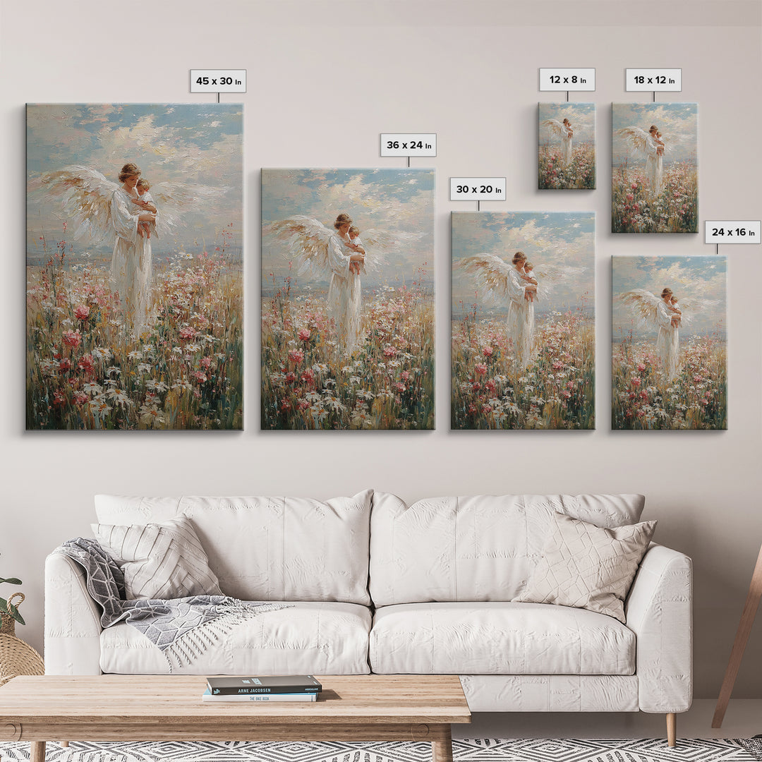 Guardian Angel Holding Baby In Wildflower Meadow Wall Art, Christian Nursery Decor, Motherhood Gift, Framed Fine Art Print