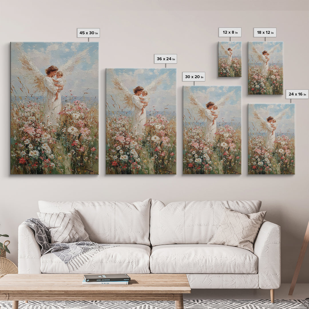 Angel Mother Holding Toddler Among Daisies Canvas Print, Christian Wall Art, Floral Nursery Decor, Gift For Mom, Home Decor