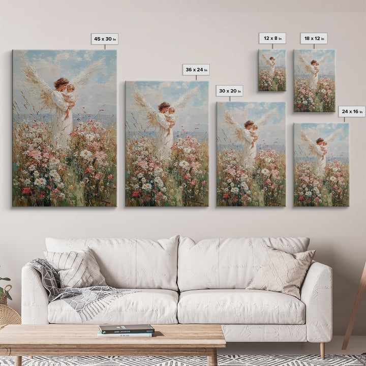 Angel Mother Holding Toddler Among Daisies Canvas Print, Christian Wall Art, Floral Nursery Decor, Gift For Mom, Home Decor