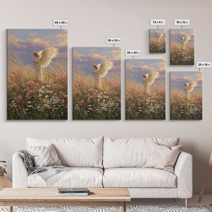Golden Winged Angel With Infant At Sunset Wall Art, Christian Bedroom Decor, Floral Canvas Print, Spiritual Gift For Her