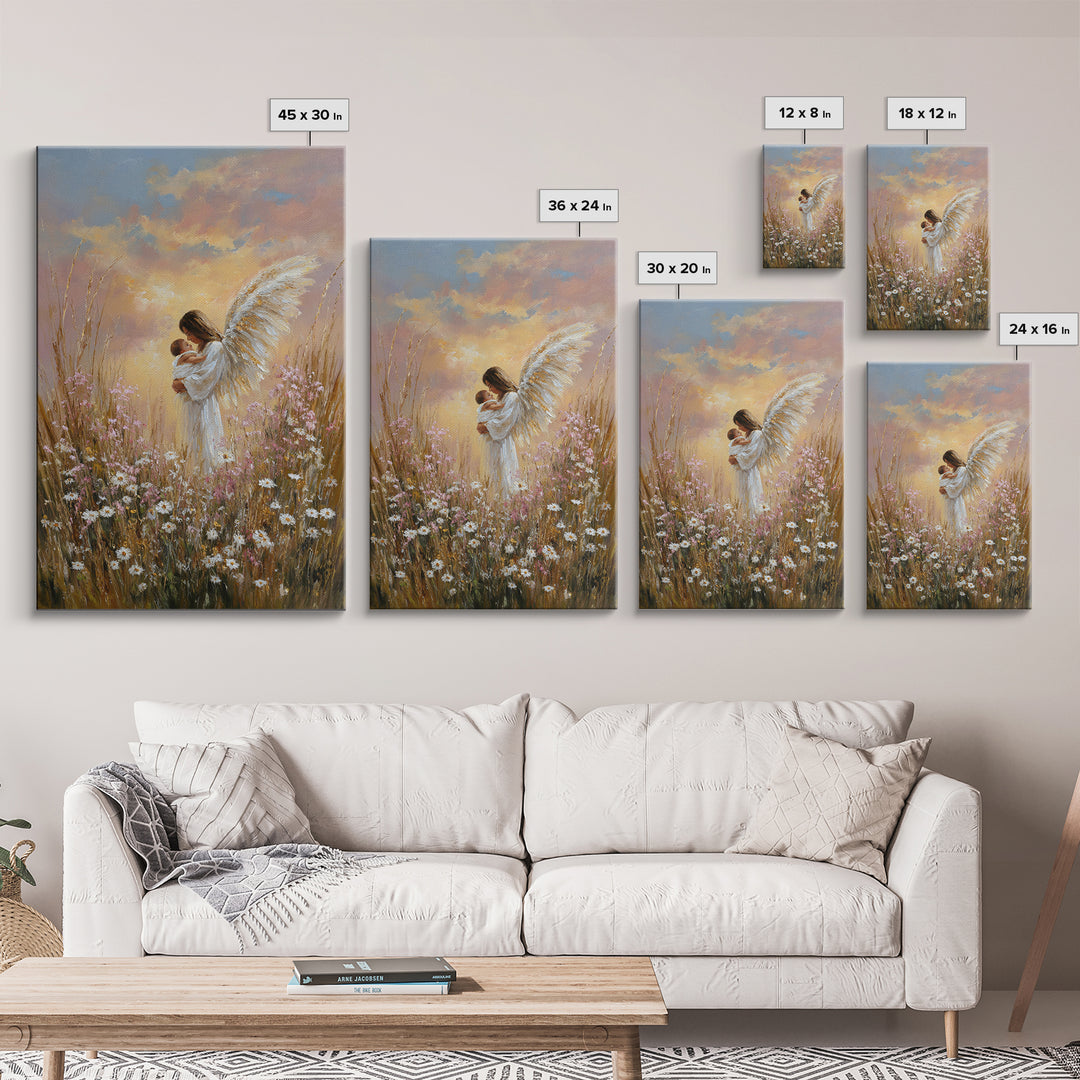 Angel Mother And Baby In Sunset Wildflowers Framed Canvas Print, Christian Wall Art, Nursery Decor, Motherhood Gift, Home Decor