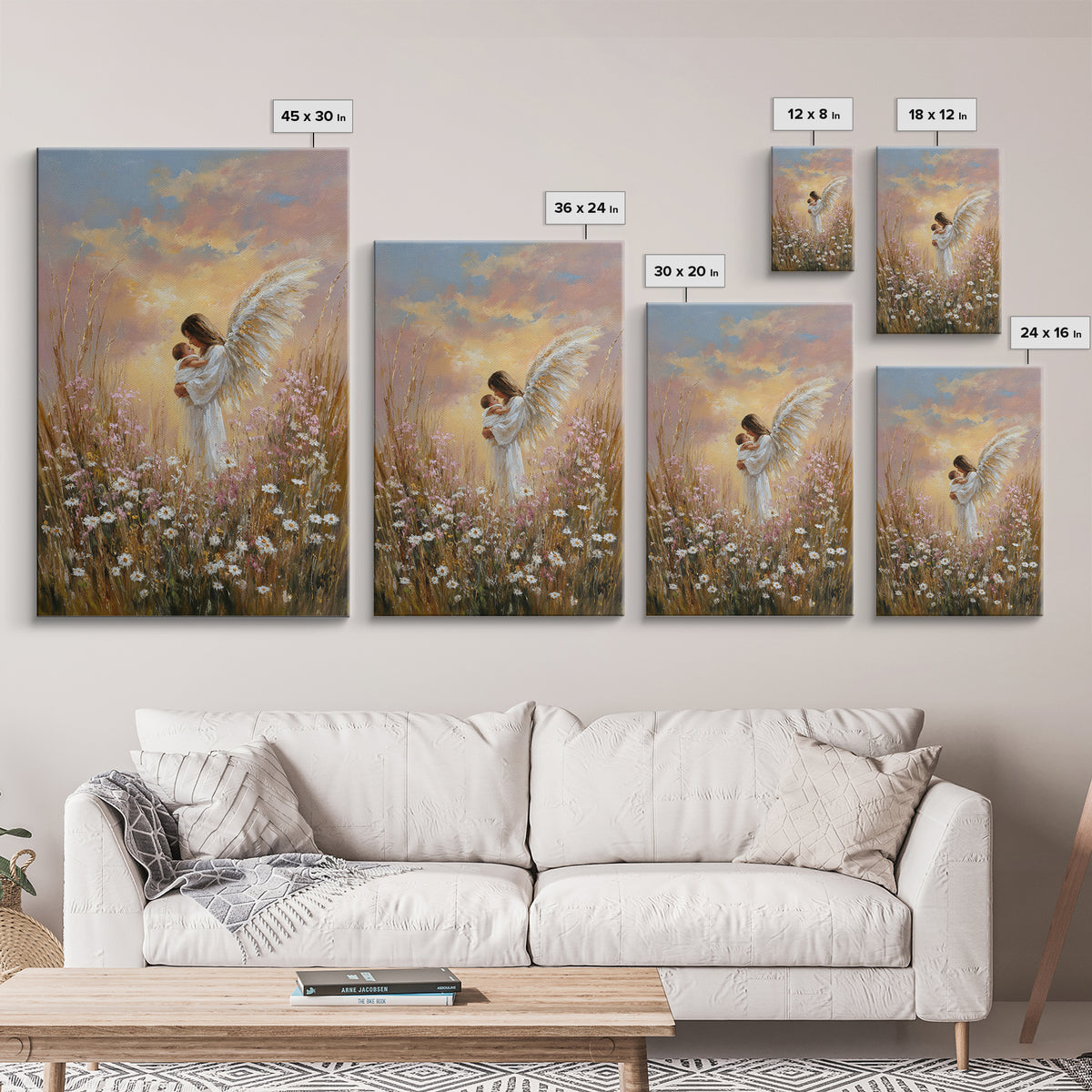 Angel Mother And Baby In Sunset Wildflowers Framed Canvas Print, Christian Wall Art, Nursery Decor, Motherhood Gift, Home Decor