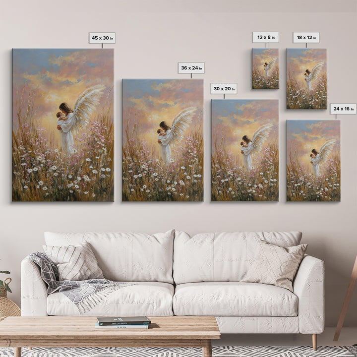 Angel Mother And Baby In Sunset Wildflowers Framed Canvas Print, Christian Wall Art, Nursery Decor, Motherhood Gift, Home Decor