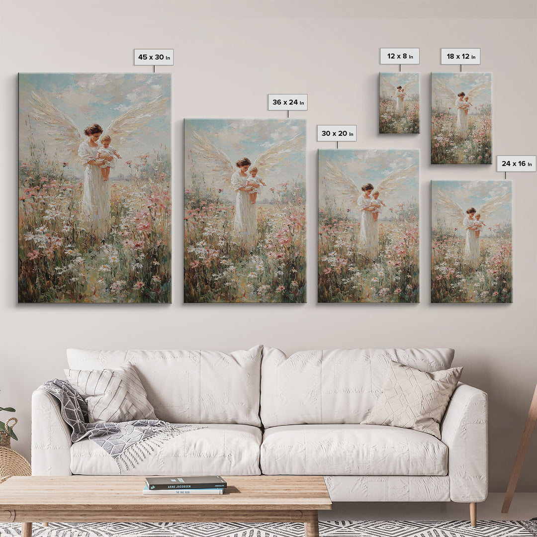 White Winged Angel Holding Baby In Flower Garden Canvas Print, Christian Nursery Wall Art, Floral Home Decor, Gift For Mom