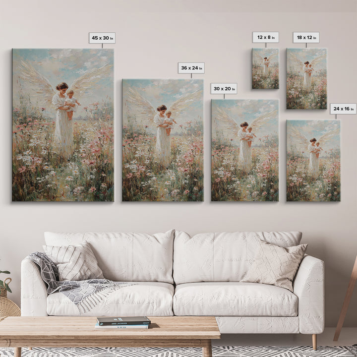 White Winged Angel Holding Baby In Flower Garden Canvas Print, Christian Nursery Wall Art, Floral Home Decor, Gift For Mom