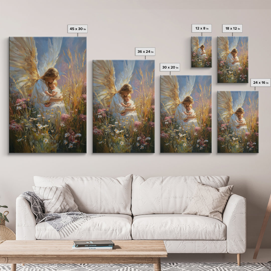 Glowing Angel Mother Nursing Baby In Wild Meadow Wall Art, Christian Canvas Print, Spiritual Nursery Decor, Gift For Her