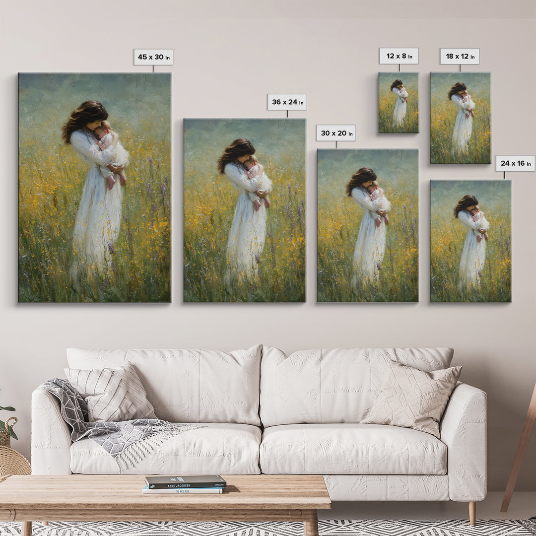 Tender Mother Cradling Newborn In Yellow Meadow Canvas Print, Motherhood Wall Art, Feminine Nursery Wall Decor, Gift For Mom