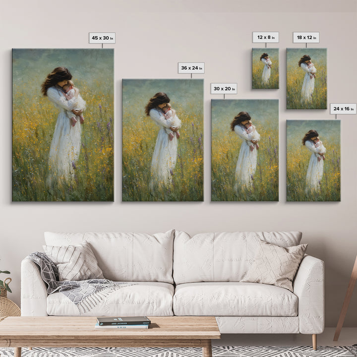 Tender Mother Cradling Newborn In Yellow Meadow Canvas Print, Motherhood Wall Art, Feminine Nursery Wall Decor, Gift For Mom