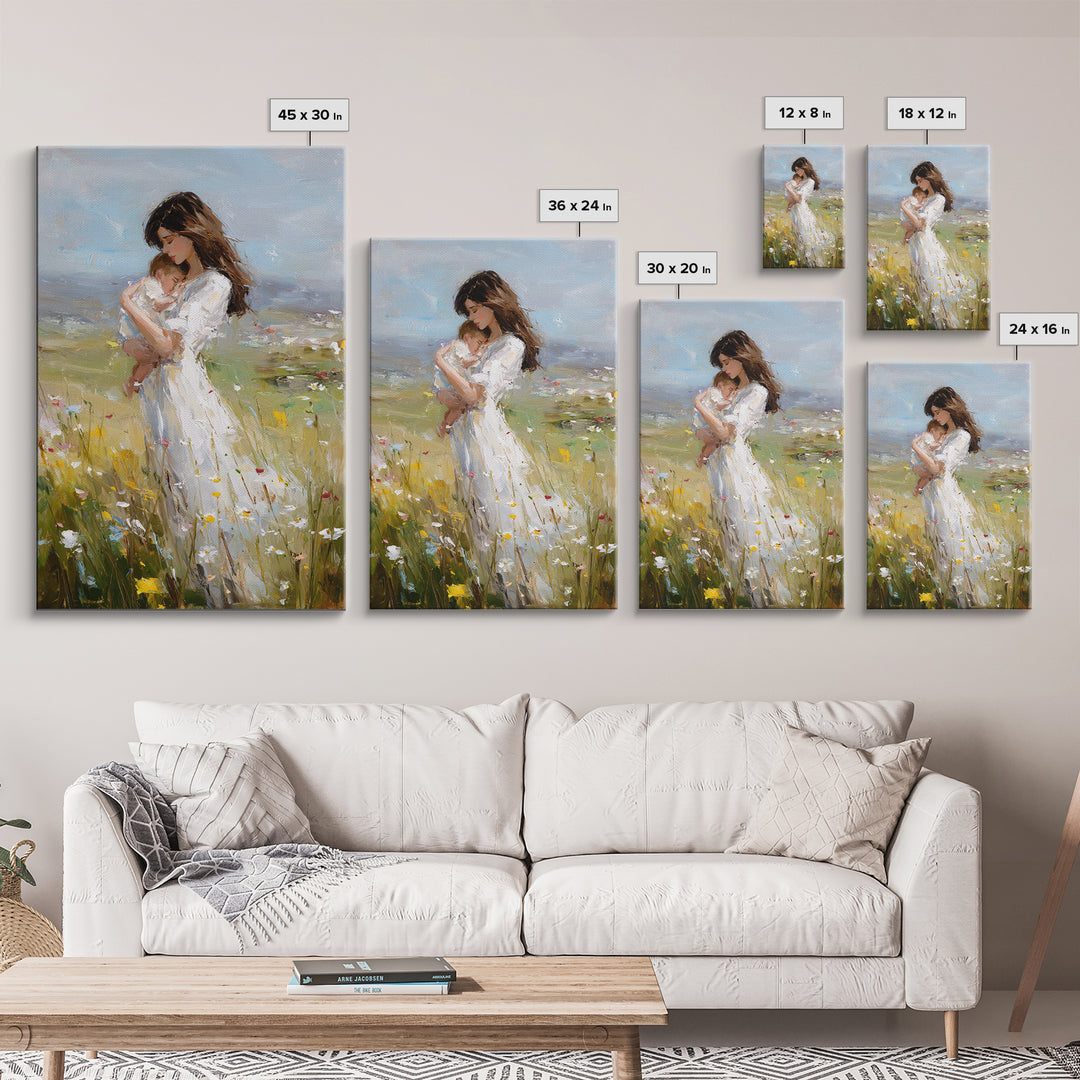 Mother Holding Sleeping Baby In Breezy Meadow Wall Art, Motherhood Canvas Print, Neutral Nursery Decor, Gift For Mom, Home Decor