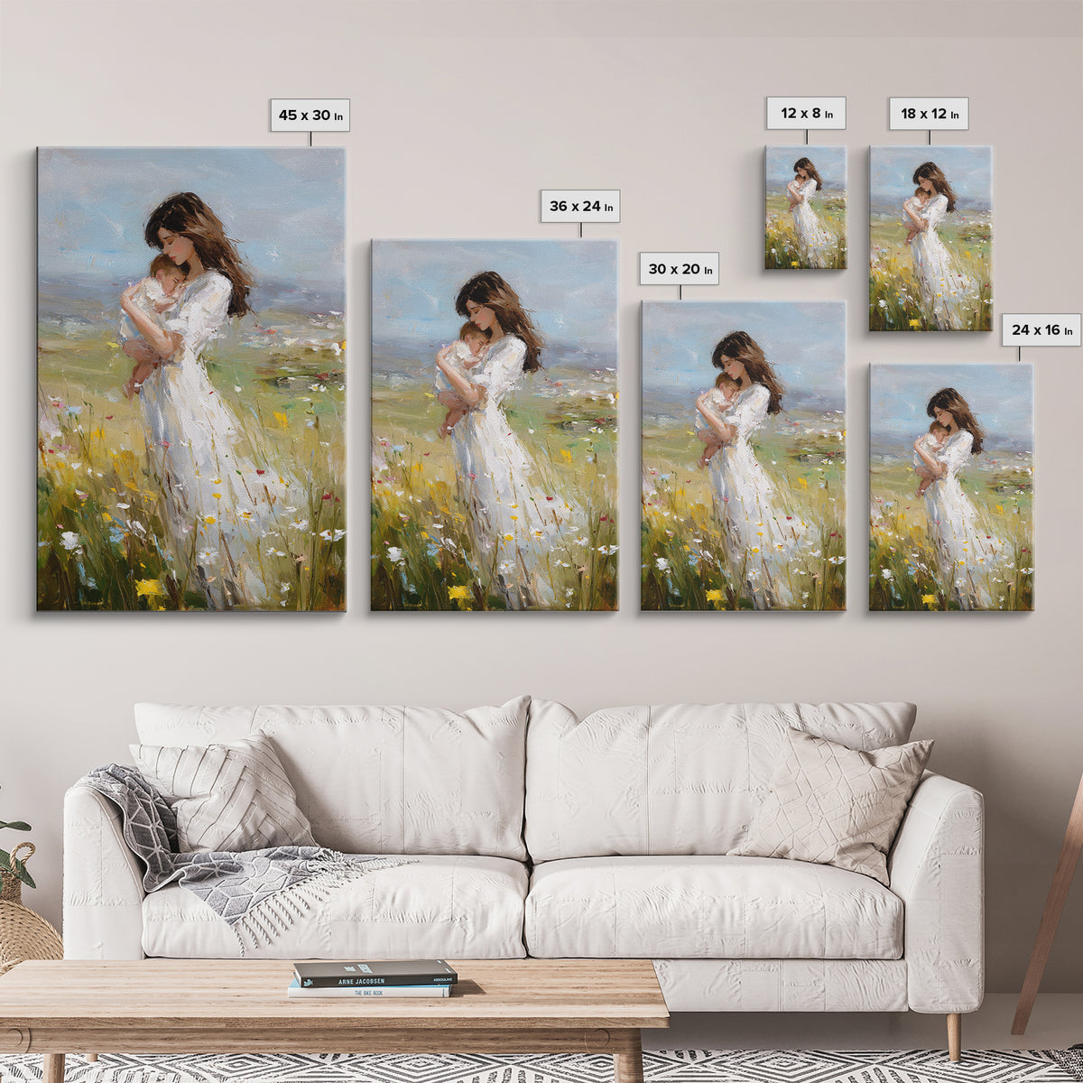 Mother Holding Sleeping Baby In Breezy Meadow Wall Art, Motherhood Canvas Print, Neutral Nursery Decor, Gift For Mom, Home Decor