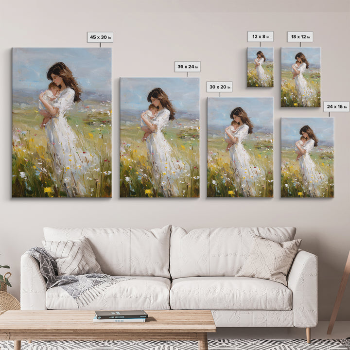 Mother Holding Sleeping Baby In Breezy Meadow Wall Art, Motherhood Canvas Print, Neutral Nursery Decor, Gift For Mom, Home Decor