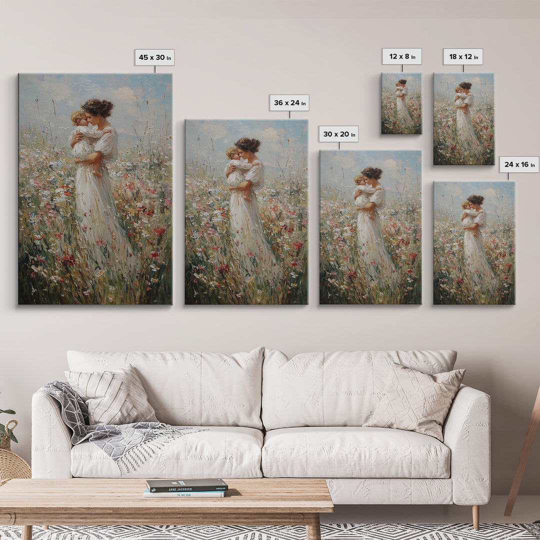 Mother Kissing Child In Wildflower Field Framed Canvas Print, Motherhood Wall Art, Floral Nursery Decor, Gift For Her, Home Decor