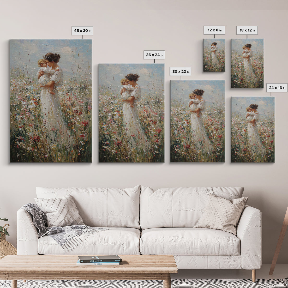 Mother Kissing Child In Wildflower Field Framed Canvas Print, Motherhood Wall Art, Floral Nursery Decor, Gift For Her, Home Decor
