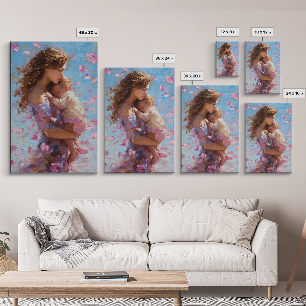 Tender Mother And Baby In Pink Petals Wall Art, Impressionist Oil Painting Print For Nursery, Bedroom, Gift For Mom, Home Decor