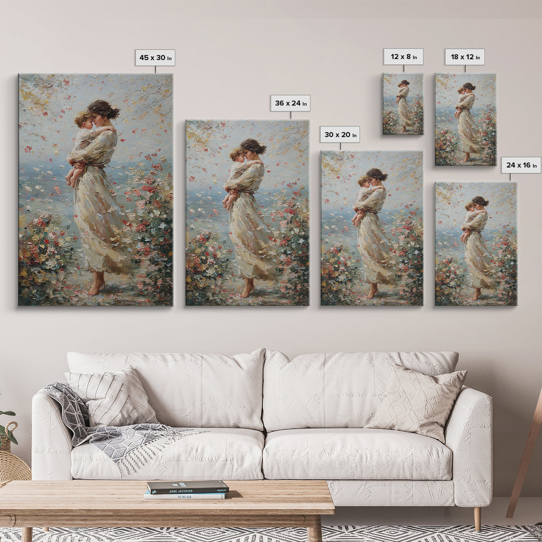 Mother Holding Child By Floral Shore Framed Canvas Print, Impressionist Wall Decor, Living Room Art, Gift For Mom, Housewarming Gift