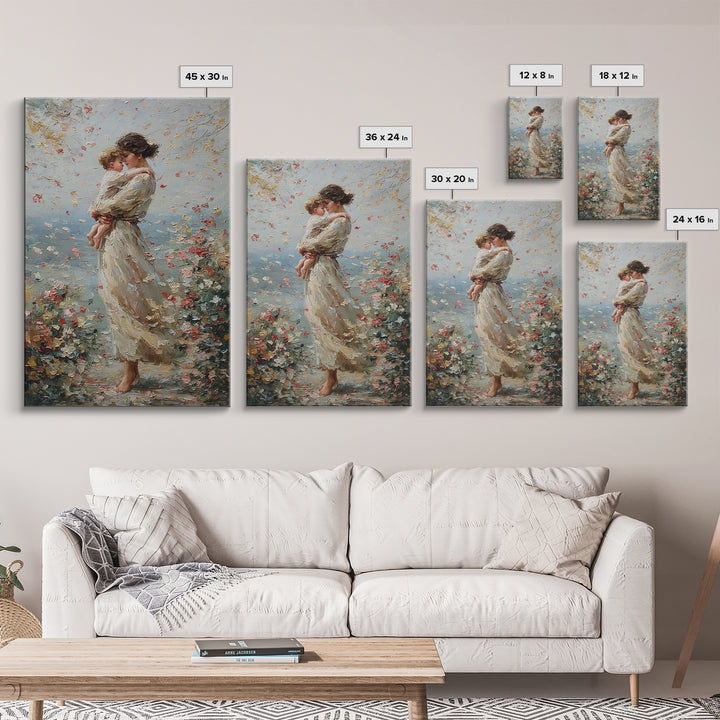 Mother Holding Child By Floral Shore Framed Canvas Print, Impressionist Wall Decor, Living Room Art, Gift For Mom, Housewarming Gift