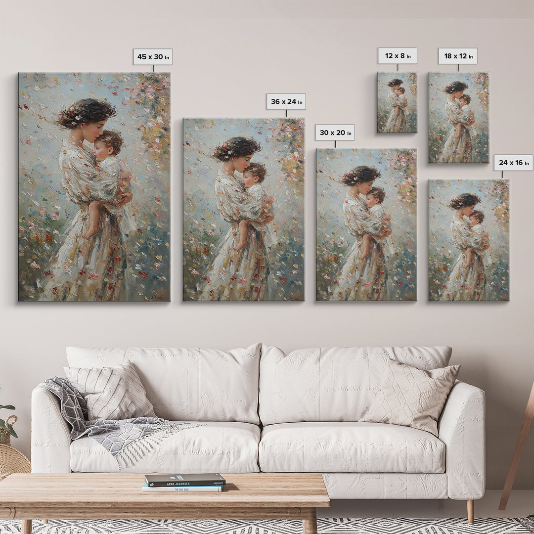 Mother Cradling Baby In Blossom Garden Wall Art, Romantic Impressionist Oil Painting, Feminine Bedroom Decor Gift For Her