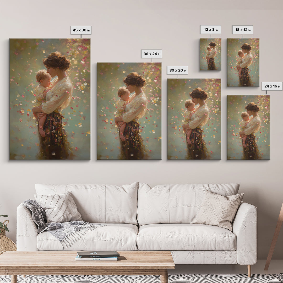 Warm Sunlit Mother And Baby Framed Canvas Print, Floral Impressionist Painting, Soft Feminine Wall Decor, Gift For Mom, Nursery Art