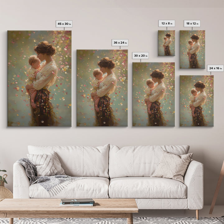 Warm Sunlit Mother And Baby Framed Canvas Print, Floral Impressionist Painting, Soft Feminine Wall Decor, Gift For Mom, Nursery Art