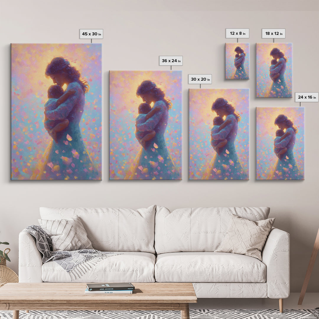 Glowing Mother And Infant Silhouette Canvas Print, Pastel Celestial Floral Petals, Dreamy Nursery Wall Art, Gift For Mom