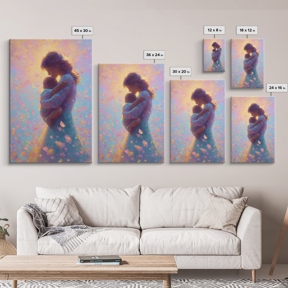 Glowing Mother And Infant Silhouette Canvas Print, Pastel Celestial Floral Petals, Dreamy Nursery Wall Art, Gift For Mom