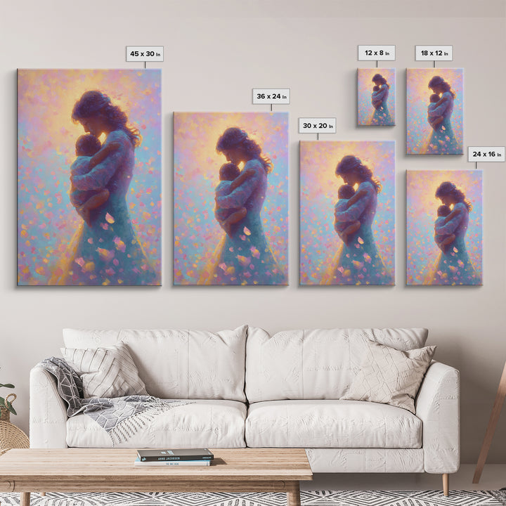 Glowing Mother And Infant Silhouette Canvas Print, Pastel Celestial Floral Petals, Dreamy Nursery Wall Art, Gift For Mom