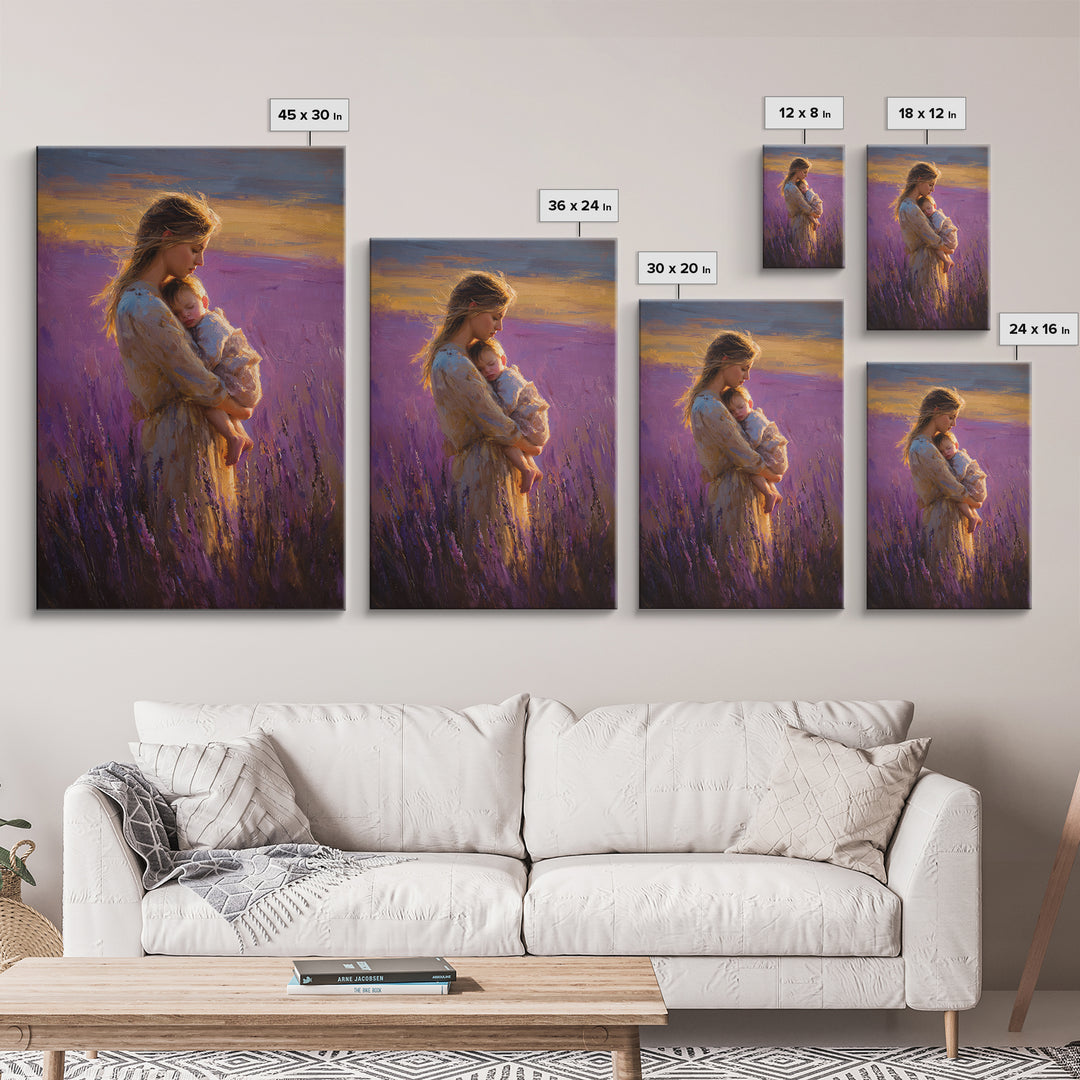 Mother And Sleeping Baby In Lavender Field Wall Art, Sunset Impressionist Oil Painting, Romantic Bedroom Decor, Gift For Mom