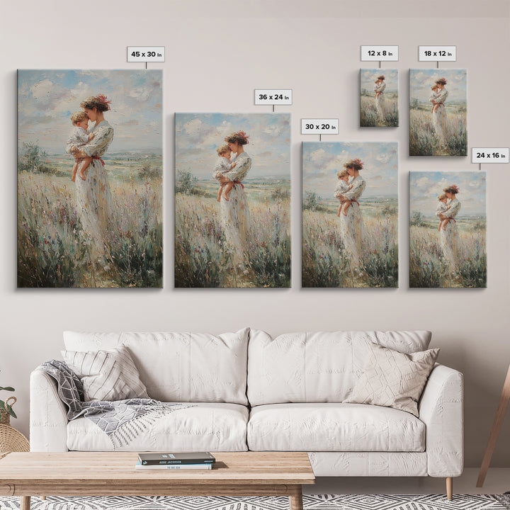 Mother Holding Child In Windy Wildflower Meadow Framed Canvas Print, Impressionist Landscape Wall Decor, Gift For Mom, Home Decor