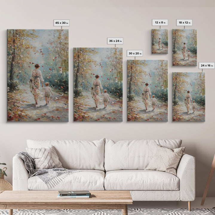 Mother And Child Autumn Walk Wall Art, Impressionist Forest Path Canvas, Cozy Family Decor, Gift For Mom, Living Room Art