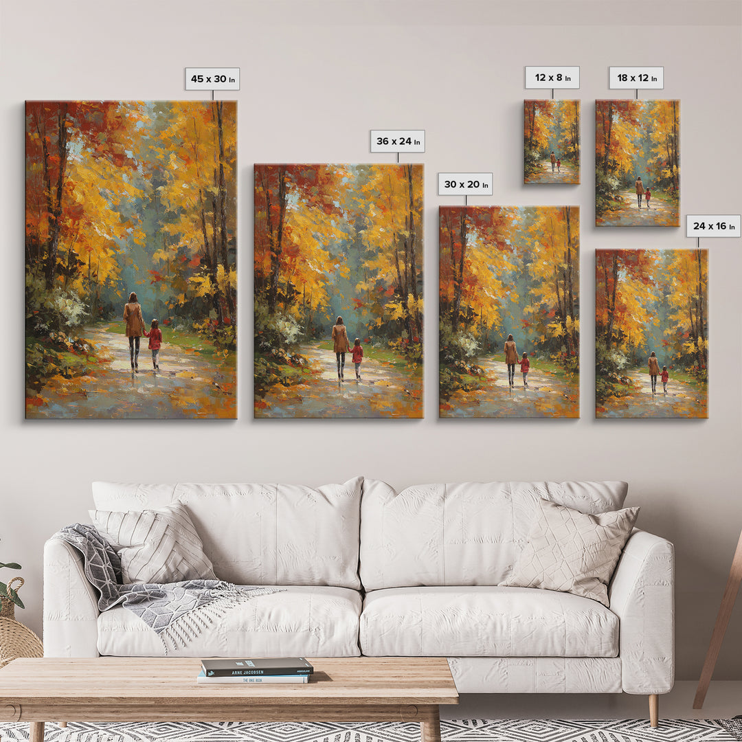 Golden Autumn Forest Walk Canvas Print, Mother Child Path Painting, Vibrant Landscape Wall Decor, Cozy Home Decor, Gift For Her
