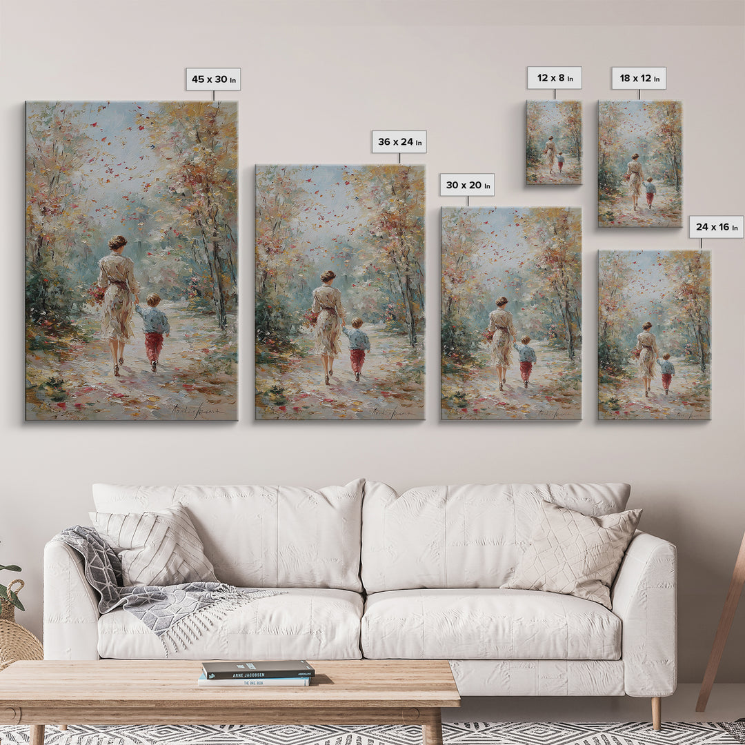 Mother And Son Fall Forest Walk Wall Art, Soft Impressionist Path Painting, Family Home Decor, Living Room Art, Mothers Day Gift