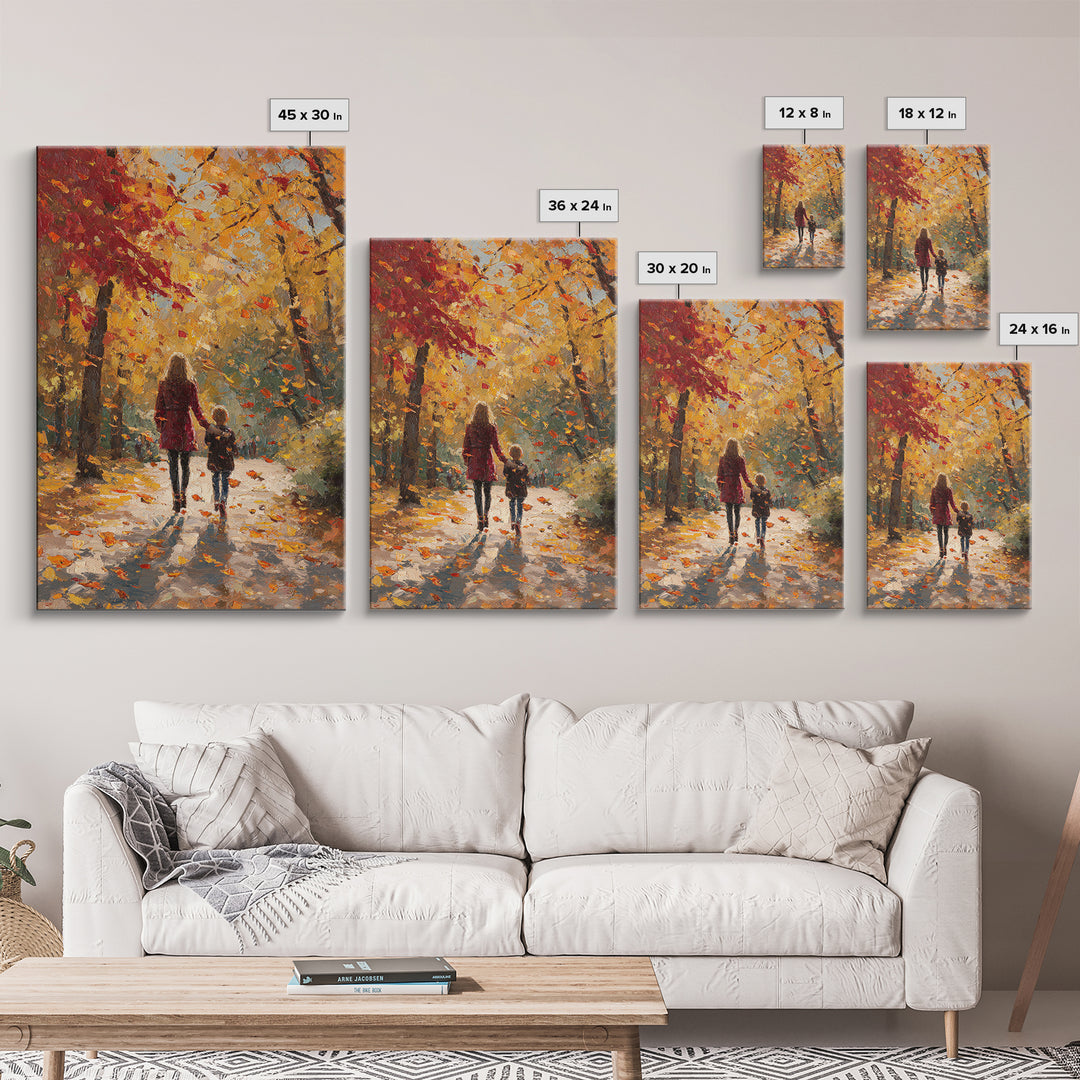 Mother And Child Golden Fall Walk Canvas Print, Red Coat Autumn Trees Painting, Warm Family Decor, Rustic Wall Art, Gift For Mom