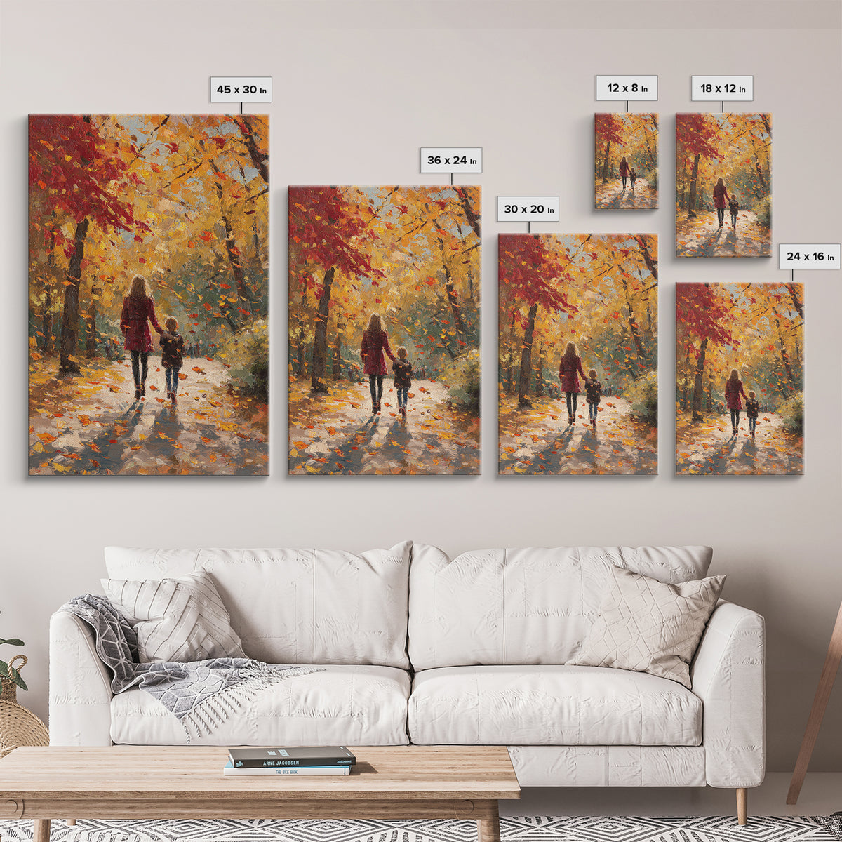 Mother And Child Golden Fall Walk Canvas Print, Red Coat Autumn Trees Painting, Warm Family Decor, Rustic Wall Art, Gift For Mom