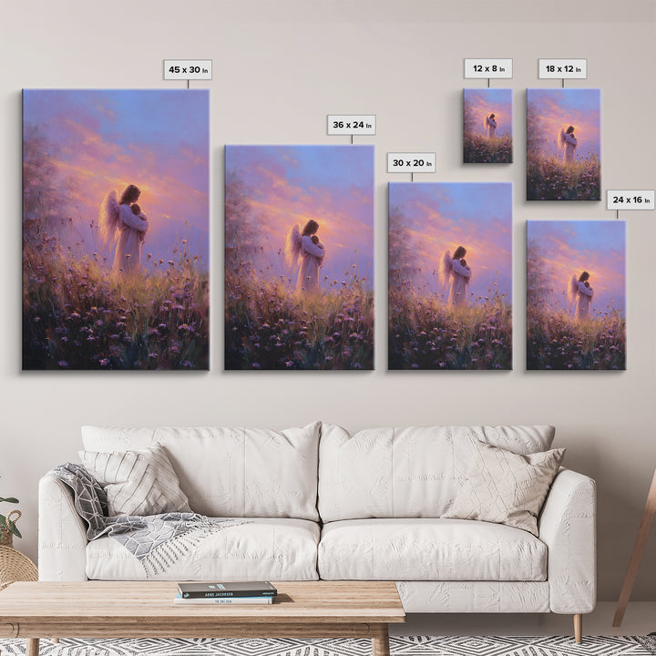Angel Mother Cradling Baby Framed Canvas Print, Lavender Sunset Meadow Painting, Spiritual Wall Art, Nursery Decor, New Mom Gift